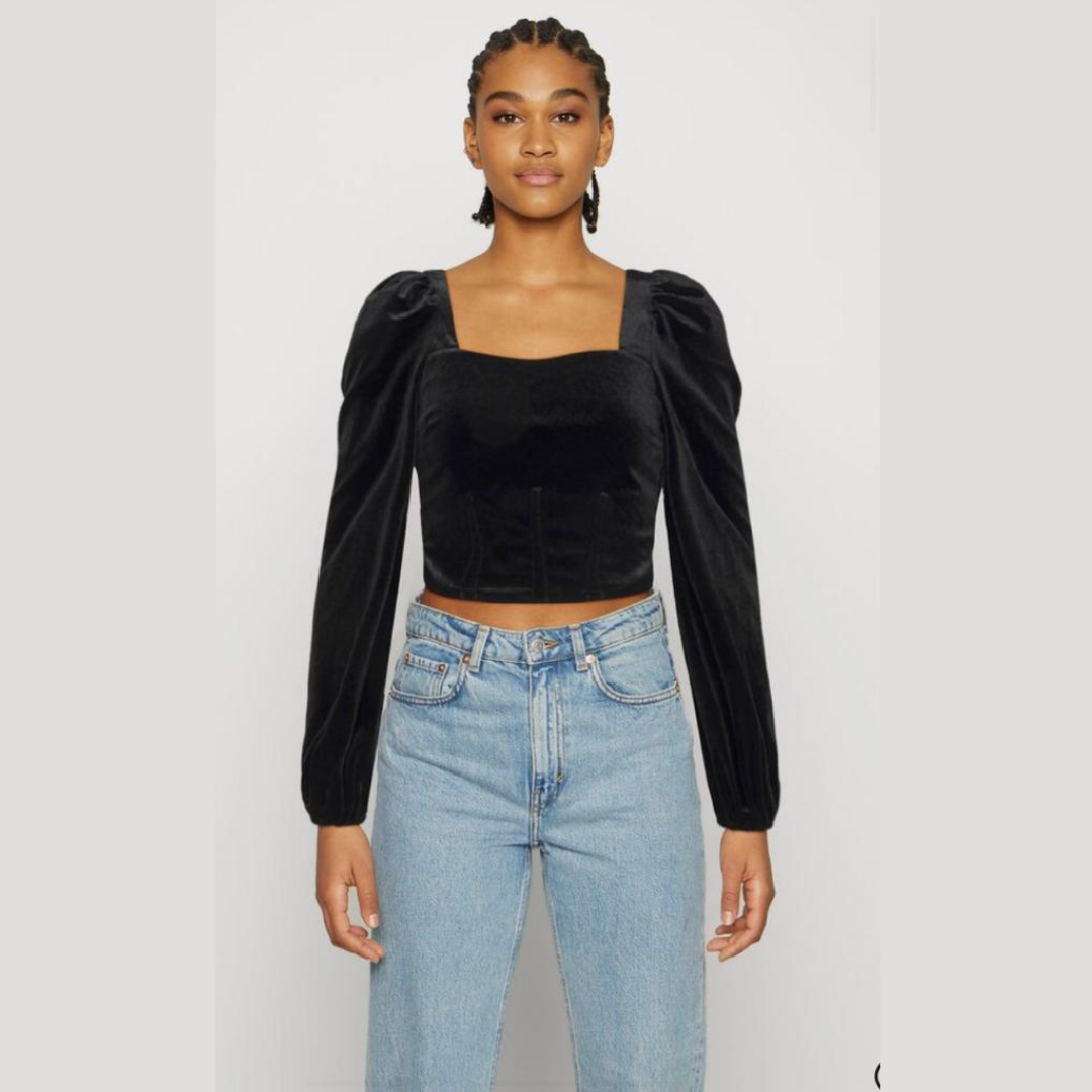 Schwarze Langarmbluse, Stoff in Wildlederoptik - Trouver La Mode