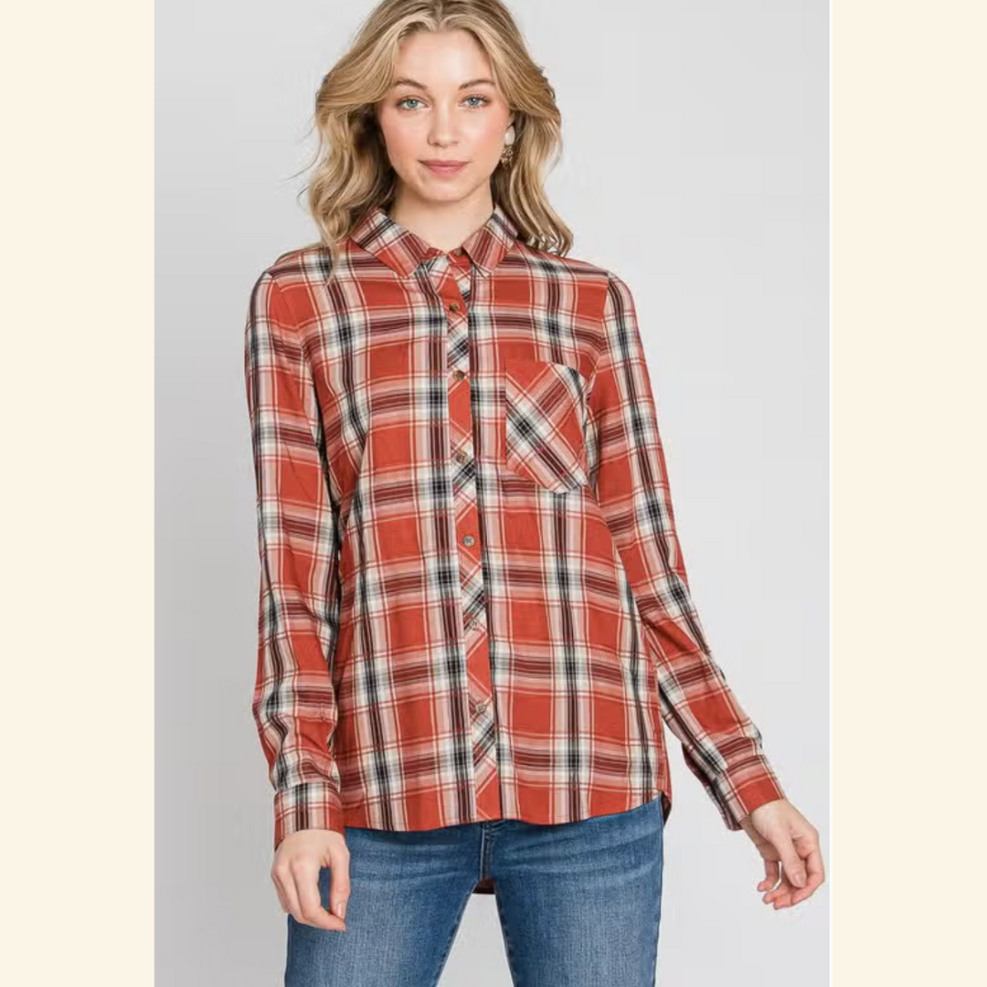 Fannel Rostfarbe – Kariertes Langarmhemd - Trouver La Mode
