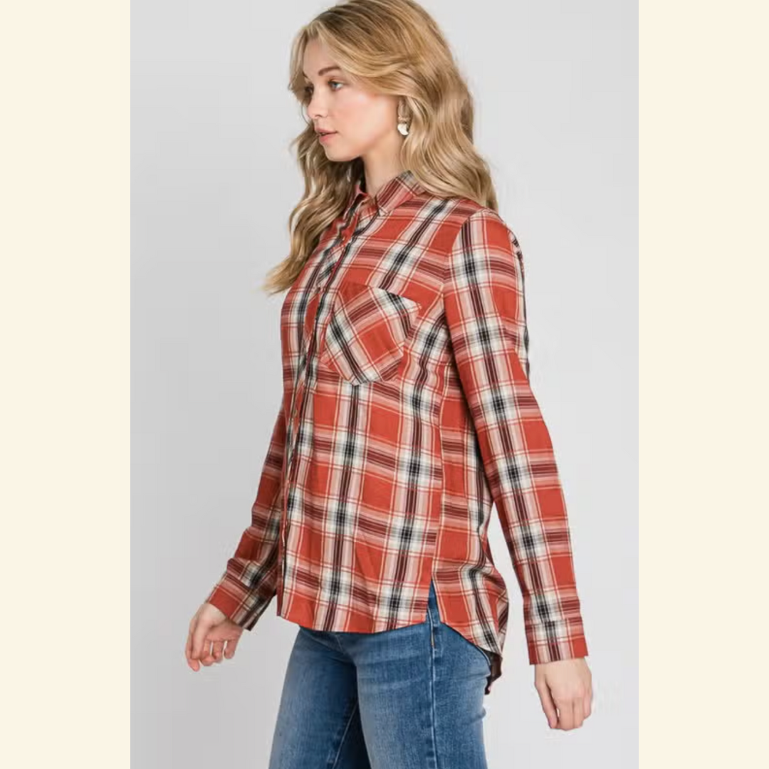 Fannel Rostfarbe – Kariertes Langarmhemd - Trouver La Mode