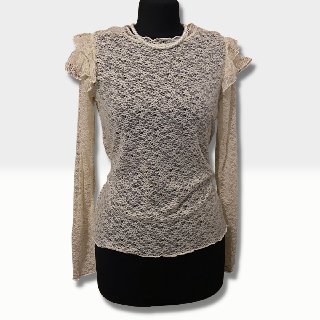 Spitzenbluse, Perlenfarbe und transparenter Stretchstoff - Trouver La Mode