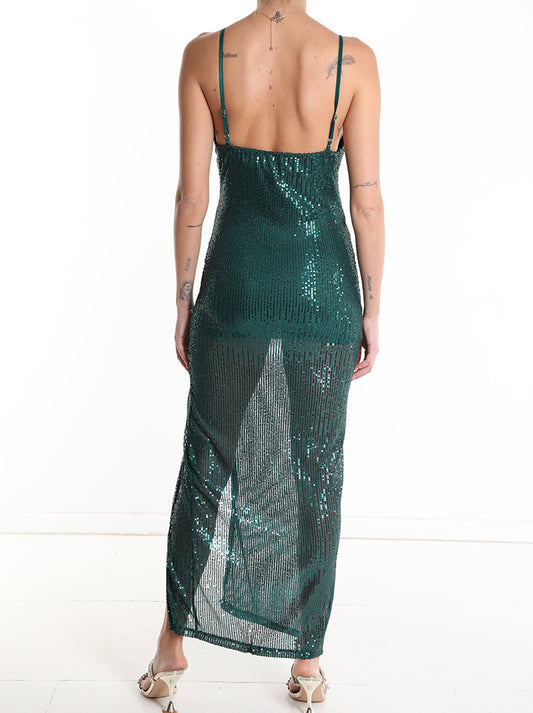 Langes, ärmelloses Kleid mit V-Ausschnitt und Pailletten - Trouver La Mode