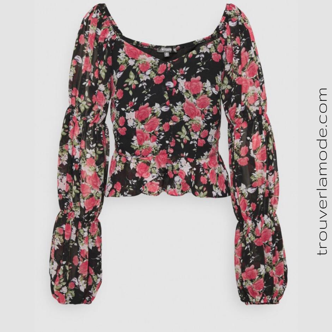 Schwarze Bluse, Rosendruck lange weite Ärmel - Trouver La Mode