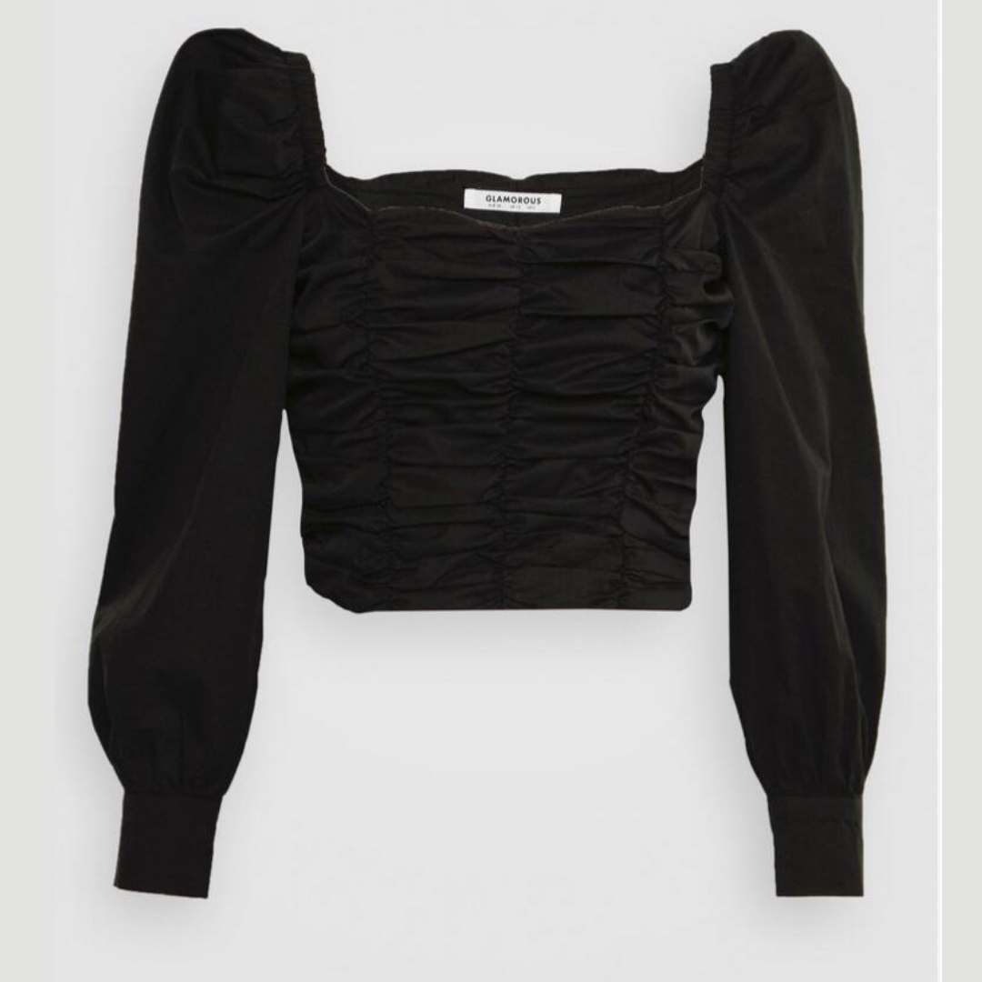 Schwarze Bluse mit langen Puffärmeln, mit Faltendetail - Trouver La Mode