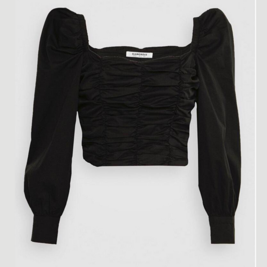 Schwarze Bluse mit langen Puffärmeln, mit Faltendetail - Trouver La Mode